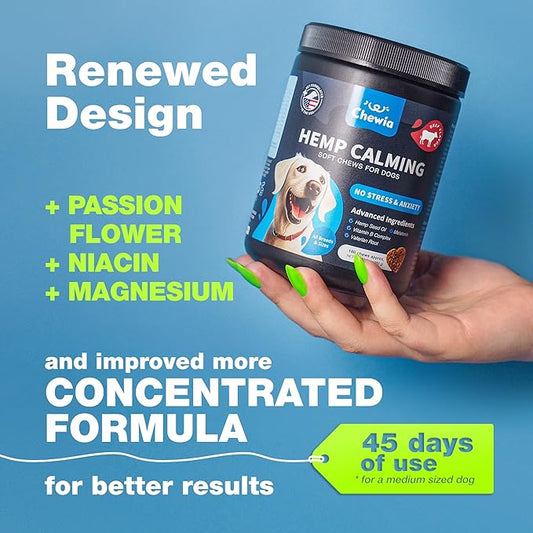 Hemp Calming Chews for Dogs - Dog Calming Treats - Anxiety Relief for Dogs with L-Theanine, Chamomile Extract, Valerian Root - Dog Anxiety Relief for Travel, Vet Visits, Thunderstorms, Nail Trimming CHEWIA