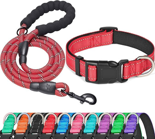 Reflective Dog Collar Padded with Soft Neoprene Breathable Adjustable Nylon Dog Collars for Small Medium Large Dogs (Small (Pack of 1), Red Collar+Leash) ladoogo