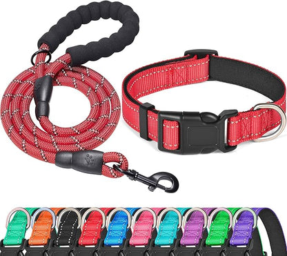 Reflective Dog Collar Padded with Soft Neoprene Breathable Adjustable Nylon Dog Collars for Small Medium Large Dogs (X-Small (Pack of 1), Red Collar+Leash) ladoogo