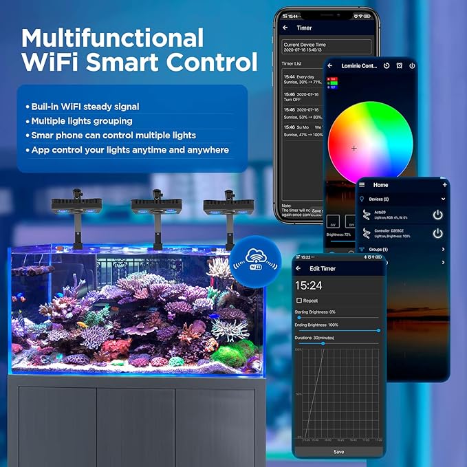 Lominie Aquarium LED Reef Light Coral WiFi Control 135W Programmable Saltwater Aquarium Light Full Spectrum for Marine Fish Tank with Stand Lominie