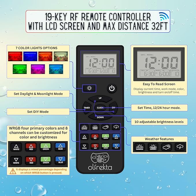 Full Spectrum LED Aquarium Light - High Power LED Fish Tank Light with Remote Control | Smart WRGB Aquarium Lights for Fish Tank with 24 Hour Cycle | 36"-42" | 65W Olfrekta