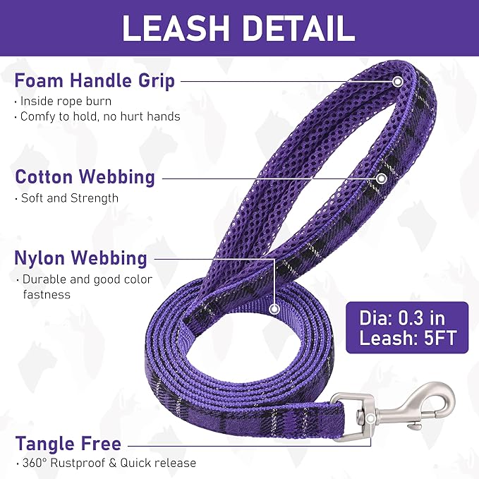 GAMUDA Small Dog Harness Collar and Leash Set, Step in No Chock No Pull Soft Mesh Adjustable Dog Vest Harnesses Plaid Reflective for Dogs Puppy Cats Kitten Rabbit (Purple, XL) GAMUDACollarsCollection