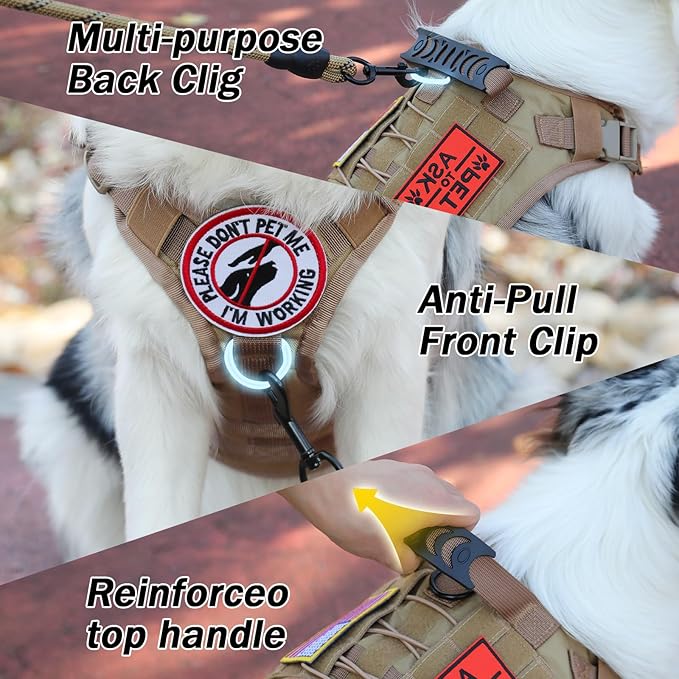 No Pull Tactical Dog Harness for Large Dogs, Escape Proof Molle Dog Vest Harness and Leash Set, Adjustable Military Service Dog Harness with Handle for Medium Large Dogs(Brown,Large) Yungaspy