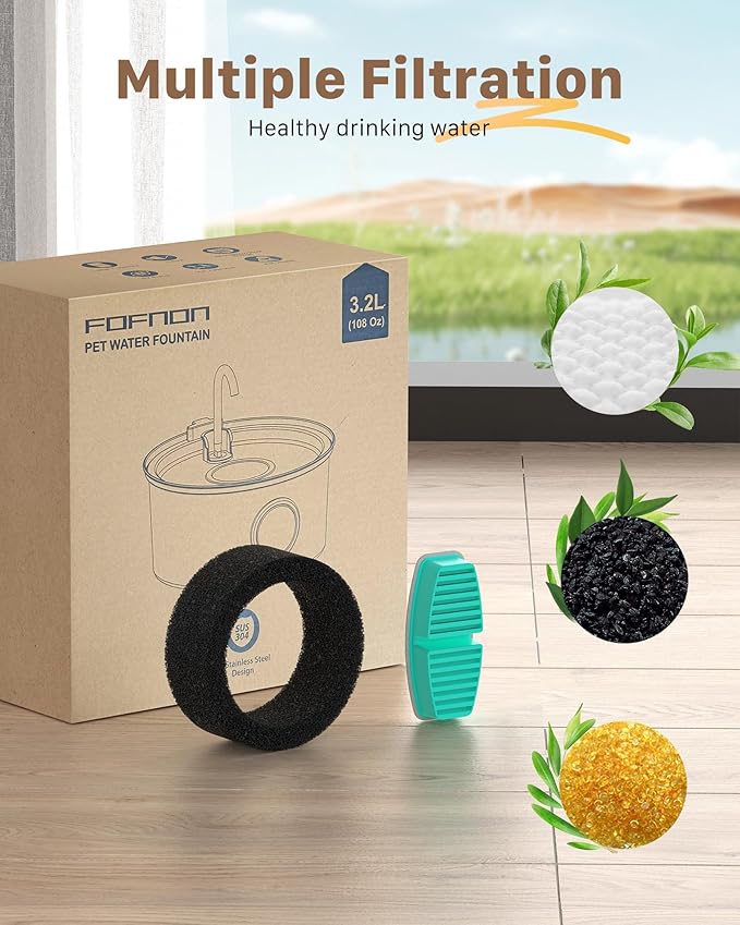 Cat Water Fountain Stainless Steel - Dog Automatic Waterer Bowl - Auto Pet Dispenser - Small Pets Drinking Waterer Indoor - Auto Dish Animal Fountains - 108oz/3.2L Metal Self Kitty Watering Supplies - PAWPICO