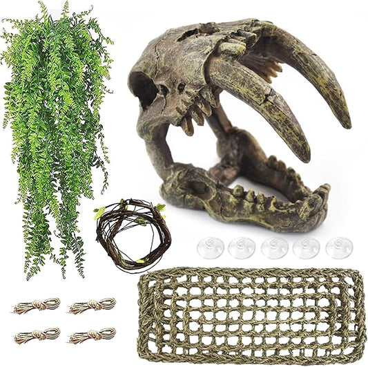 Resin Skull Habitat Hideout Cave Decor Reptile Hammock Lizard Lounger Bearded Dragon Tank Accessories Reptiles Hanging Vine Bendable Jungle Climbing Plant Terrarium Decoration(4PCS) MUYG
