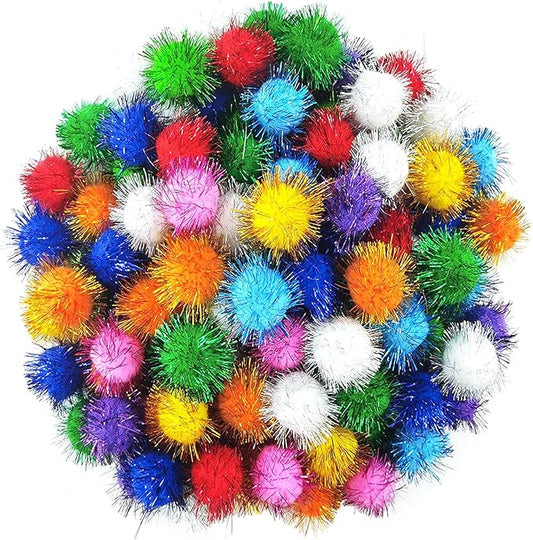 1.8 Inch Assorted Color Flash Ball Cat's Favorite Toy Ball Tinsel Pom Poms Flash for Kittens Exercise and Multiple Cats Play and Chase, 100Pcs - PAWPICO