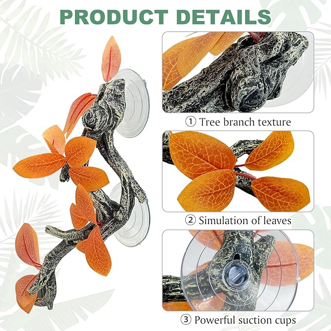Fhiny Snake Climbing Branch, 2 PCS Resin Reptile Branches for Climbing with Suction Cups Reptile Tank Decor Accessories Frog Terrarium Plants for Corn Snake Frog Bearded Dragon Lizard Gecko Fhiny