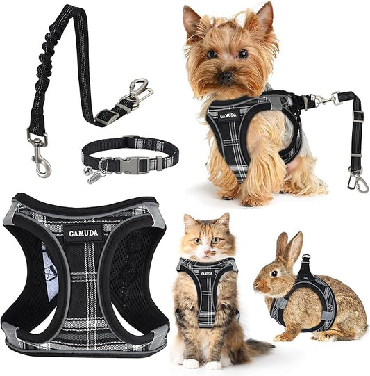GAMUDA Dog Harness, Collar and Seat Belt Set, Vehicle Safety Harness, Retractable Adjustable Pet Seatbelts with Travel Strap and Carabiner for Most Cars (Black, XXS) GAMUDACollarsCollection