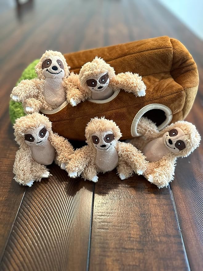 Sloth in Tree Hide and Seek Dog Toy for Small and Medium Size Dogs, Plush Sloth Inside Trunk Dog Toy with Squeaker, Interactive Burrow Dog Toy (Tree with Sloths, Large) - PAWPICO