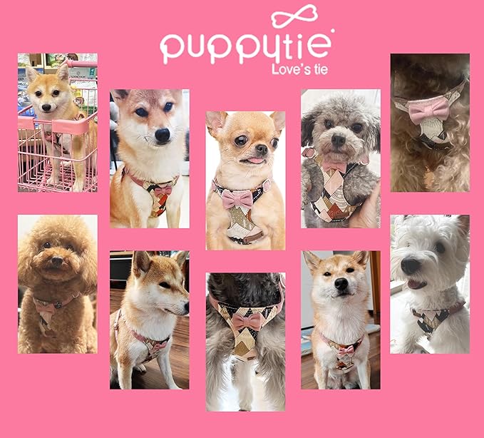 Puppytie No Pull xs Dog Harness with Multifunction Dog Leash,Soft Adjustable No Choke Escape Proof Pet Harness Vest,Suede Bow Pink,XXS Puppytie