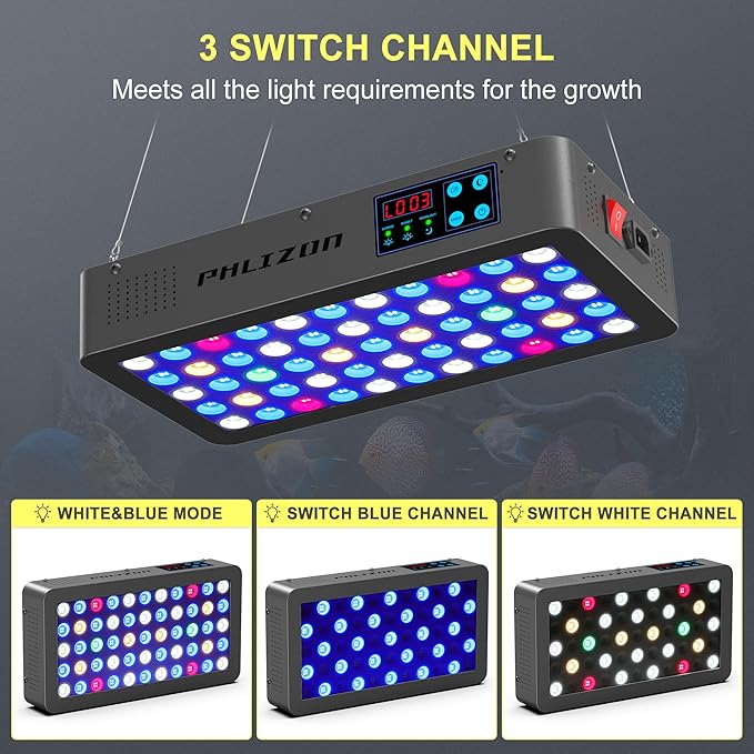 Phlizon Timer Control Dimmable 165W LED Aquarium Light with Temperature Monitor Full Spectrum Fish Tank Light for Grow Coral Reef Marine Fish Tank LPS/SPS Phlizon