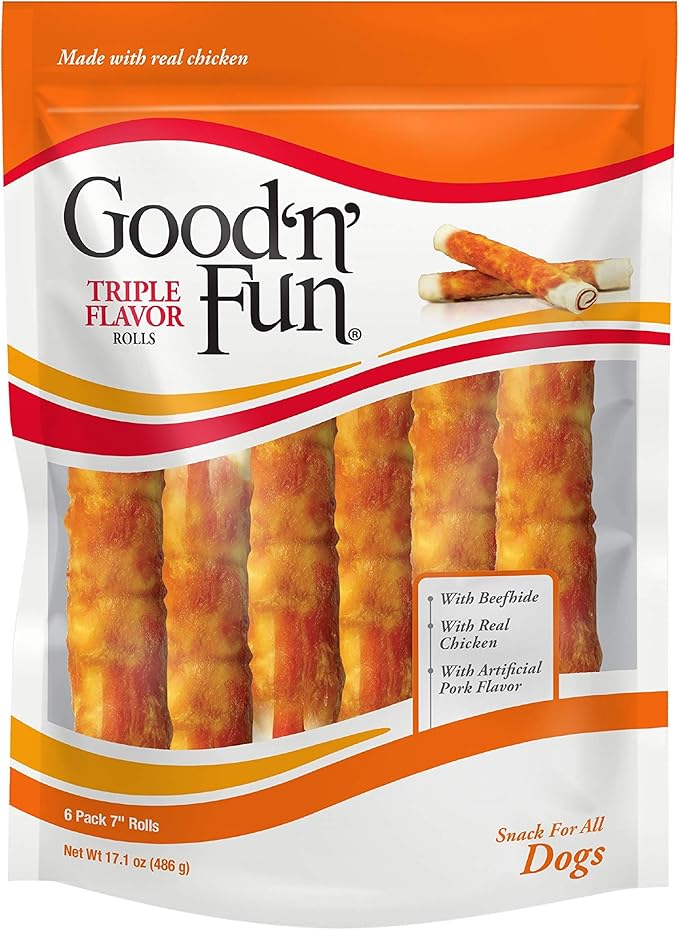 Good'n'Fun Triple Flavor 7 inch Rolls, Chews for Dogs, 6 Count (Pack of 1) - PAWPICO