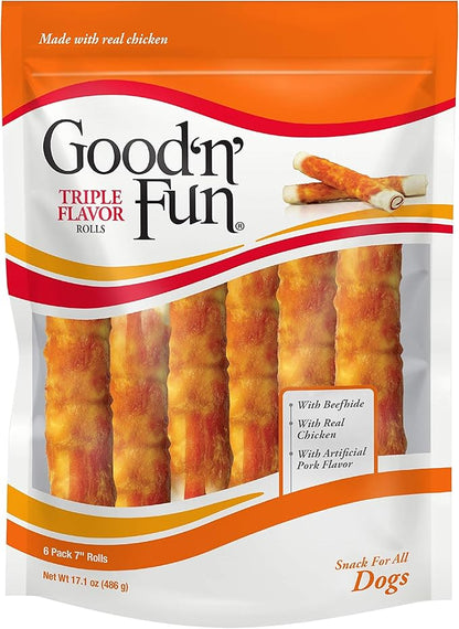 Good'n'Fun Triple Flavor 7 inch Rolls, Chews for Dogs, 6 Count (Pack of 1) - PAWPICO