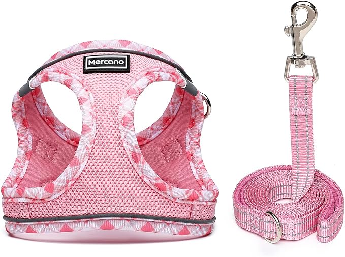 Mercano Soft Mesh Dog Harness and Leash Set, No-Chock Step-in Reflective Breathable Lightweight Easy Walk Escape Proof Vest Harnesses with Safety Buckle for Small Medium Dogs, Cats (Pink, XL) PAWPICO