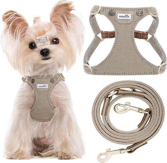 Puppytie No Pull xs Dog Harness with Multifunction Dog Leash,Soft Adjustable No Choke Escape Proof Pet Harness Vest,Denim Mocha Brown,XXS Puppytie