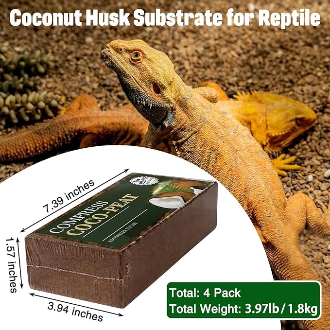 PINVNBY 4 Pack Natural Compressed Coconut Fiber Substrate, Coconut Coir, Coconut Fiber Brick, Coconut Husk Terrarium Bedding for Reptile, Bearded Dragon, Turtle, Hermit Crab, Snake, Lizards PINVNBY