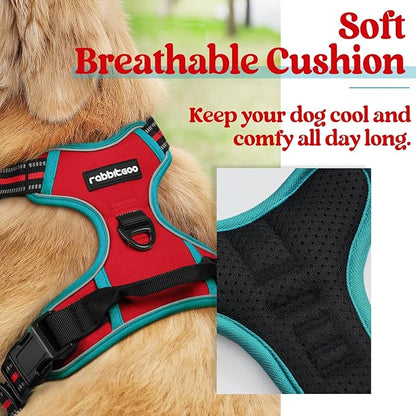 rabbitgoo Dog Harness, No-Pull Pet Harness with 2 Leash Clips, Adjustable Soft Padded Dog Vest, Reflective No-Choke Pet Oxford Vest with Easy Control Handle for Large Dogs, Red & Teal, L - PAWPICO
