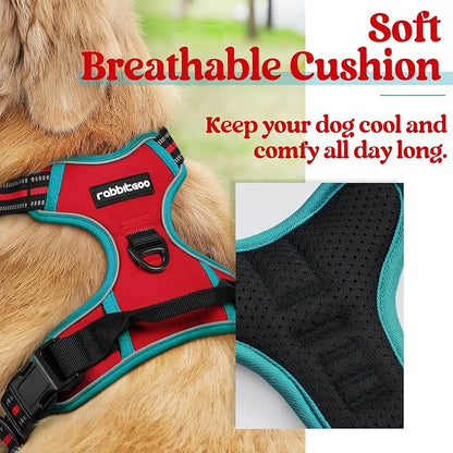 rabbitgoo Dog Harness, No-Pull Pet Harness with 2 Leash Clips, Adjustable Soft Padded Dog Vest, Reflective No-Choke Pet Oxford Vest with Easy Control Handle for Large Dogs, Red & Teal, M - PAWPICO