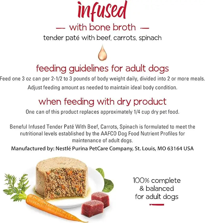 Beneful Purina Infused Wet Dog Food Pate, with Real Beef, Carrots and Spinach, with Bone Broth for Dogs - (8 Packs of 3) 3 oz. Sleeves - PAWPICO