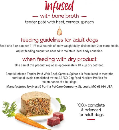 Beneful Purina Infused Wet Dog Food Pate, with Real Beef, Carrots and Spinach, with Bone Broth for Dogs - (8 Packs of 3) 3 oz. Sleeves - PAWPICO