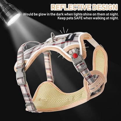 GAMUDA Dog Harness Collar and Leash Set, Dog Harness, No Chock No Pull Adjustable Vest Harnesses Plaid Reflective for Medium Dog, Cat, Small Horse, Small Bull and Pig (Beige, S) GAMUDACollarsCollection