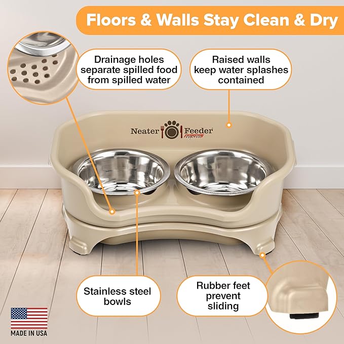 Neater Feeder Express Cat Mess Proof Feeder for Cats, 1 Cup Whisker-Friendly Stainless Steel Food & Water Bowls, No Spill, Non-Tip/Slip. Made in USA - PAWPICO