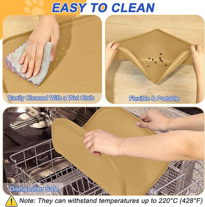 Silicone Pet Feeding Mat with Raised Edge, Dog Cat Bowl Mats for Food and Water, Pet Placemat for Floors Waterproof, 24” x 16” x 0.8” Beige - PAWPICO