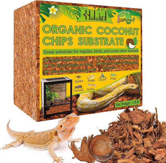 Halatool 10LB Coconut Chips Substrate for Reptiles 72QT Natural Coco Husk Snake Bedding for Ball Python Coco Coir Chip Terrarium Substrate for Tortoise Frog Gecko Hermit Crab Hamster HALATOOL