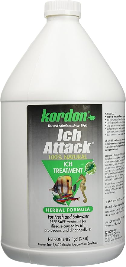 KORDON Ich-Attack Disease Inhibitor: Treats for Ich & External Fish Diseases, 100% Organic Herbal Treatment for Fresh & Saltwater, Safe for Invertebrates, Made in the USA, 1 gallon Kordon