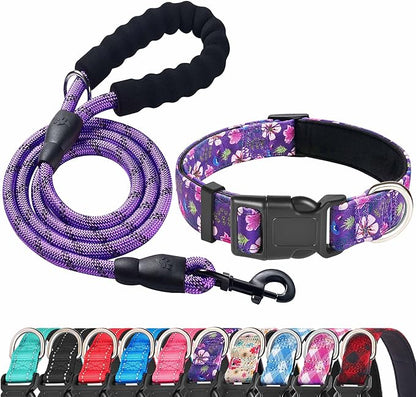 Reflective Dog Collar Padded with Soft Neoprene Breathable Adjustable Nylon Dog Collars for Small Medium Large Dogs (Small (Pack of 1), Purple/Pink Floral Collar+Leash) ladoogo