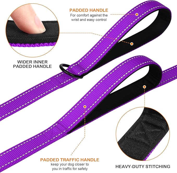 Joytale Dog Leash Heavy Duty for Large Dogs That Pull, Double Handle for Traffic Control, Double-Sided Reflective Leashes for Large Medium Dogs Night Safety, 4FT, Purple Joytale