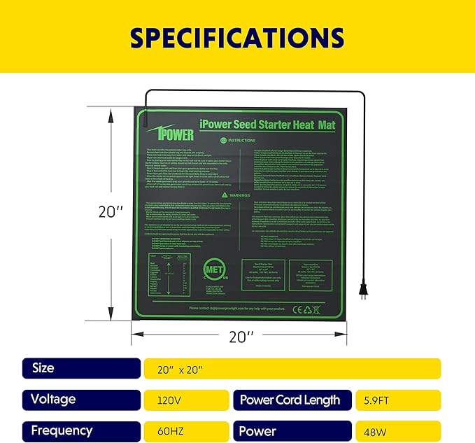 iPower Durable Seedling Heat Mat Warm 20" x 20" Hydroponic Heating Pad Waterproof for Seed Starting Greenhouse and Germination iPower