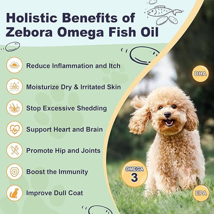 Omega 3 Fish Oil for Dogs, Dog Fish Oil Powder, Wild Caught Fish Oil, EPA&DHA, Krill Oil, Kelp, Dog Skin and Coat Supplement, Anti Itch & Shedding, Support Dry Skin, Joint Health, Dog Allergy Relief ZEBORA