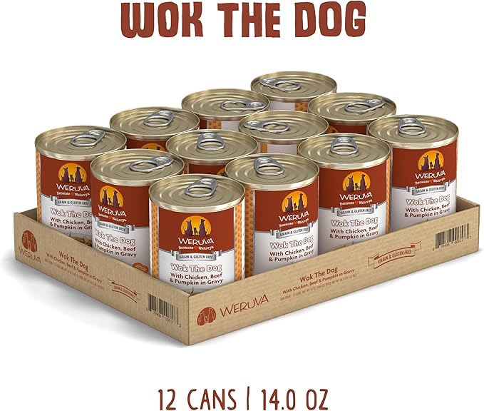 Weruva Classic Dog Food, Wok The Dog with Chicken Breast, Beef & Pumpkin in Gravy, 14oz Can (Pack of 12), Brown - PAWPICO
