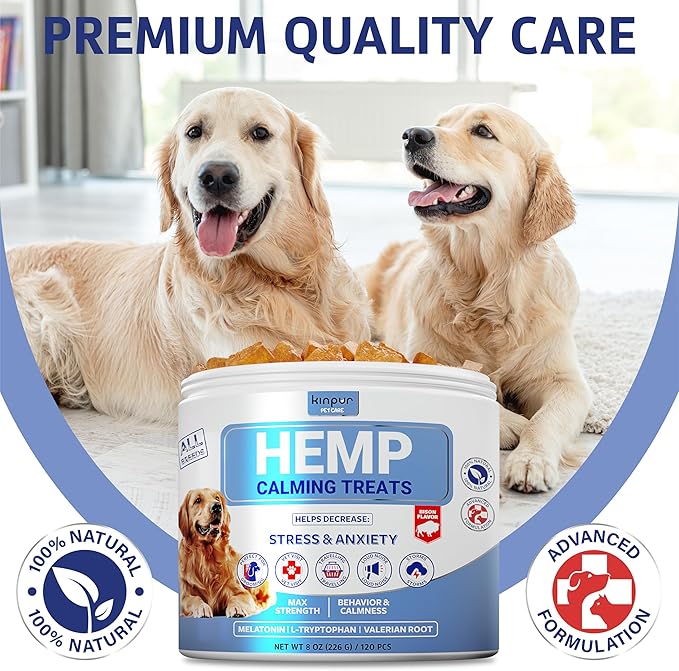Kinpur Pet Care Hemp Calming and Relaxing Chews for Dogs with Gentle Melatonin Dosage 50mcg - Dog Mood & Behavior Aid During Vet Visits, Thunderstorms, Separation, Car Rides - Beef Flavored 120 Chews KinpurPetCare