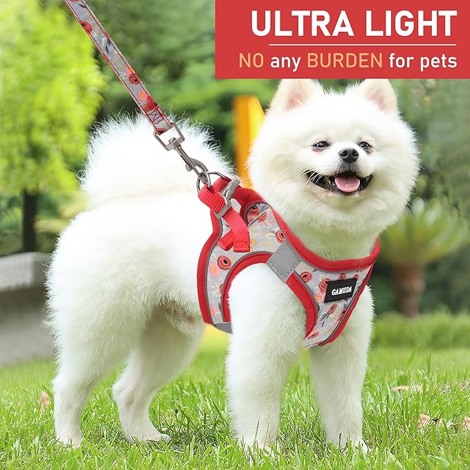 GAMUDA Small Dog Harness Collar and Leash Set, Step in No Chock No Pull Soft Mesh Adjustable Dog Vest Harnesses Plaid Reflective for Dogs Puppy Cats Kitten Rabbit (Red Flower, L) GAMUDACollarsCollection