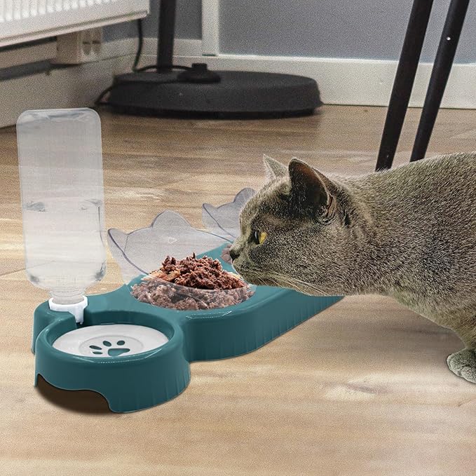 Triple Cat Bowls,15°Tilt 3-in-1 Water Feeder Bowls Cat Double Food Bowls with Automatic Water Bottle Bowl, Whisker Friendly Wet and Dry Cat Elevated Feeding Dishes for Small Cat and Puppy (Navy Blue) - PAWPICO