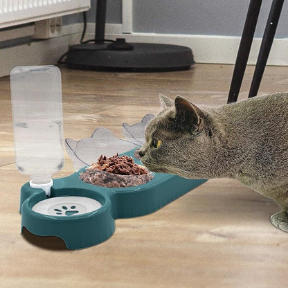 Triple Cat Bowls,15°Tilt 3-in-1 Water Feeder Bowls Cat Double Food Bowls with Automatic Water Bottle Bowl, Whisker Friendly Wet and Dry Cat Elevated Feeding Dishes for Small Cat and Puppy (Navy Blue) - PAWPICO