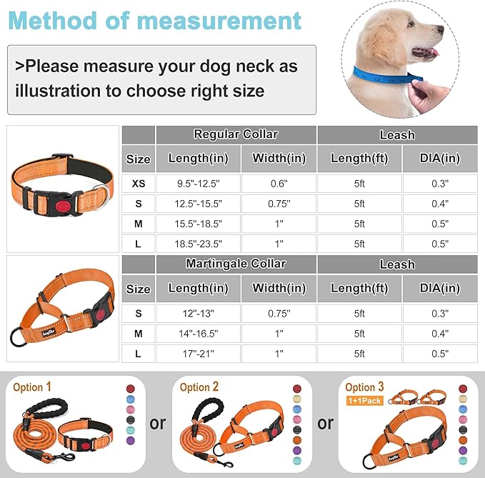 haapaw 2 Packs Martingale Dog Collar with Quick Release Buckle Reflective Dog Training Collars for Small Medium Large Dogs (Collar+Leash, S Neck 12"-13", Orange, 1+1 Packs) haapaw