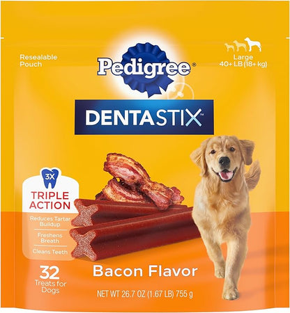 PEDIGREE DENTASTIX Large Dog Dental Treats Bacon Flavor Dental Bones, 1.67 lb. Pack (32 Treats) - PAWPICO