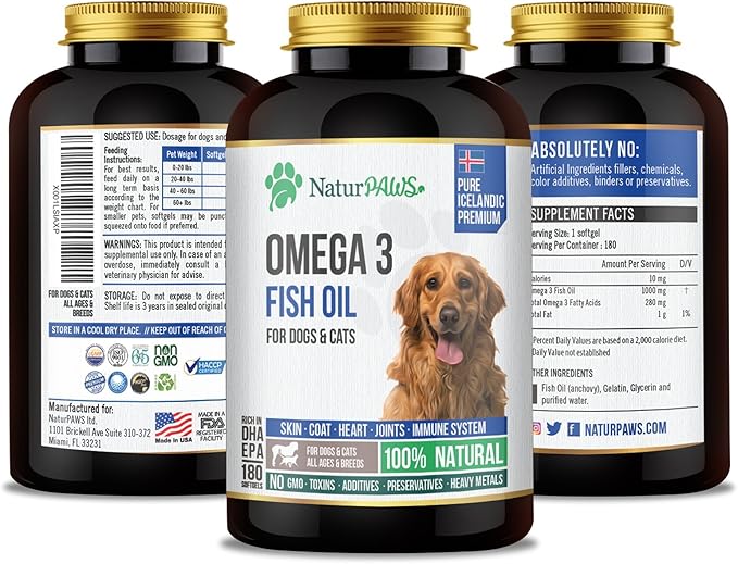 Omega 3 Fish Oil Supplement for Dogs and Cats - 1000 mg Pure DHA and EPA Omegas - Supports Healthy Coat and Skin, Heart, Immune System, Joints and Hip - 180 softgels NATURPAWS