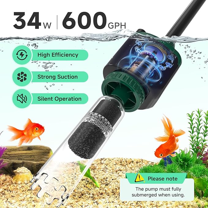 AQQA Fish Tank Cleaner, 34W 600GPH DC Gravel Vacuum for Aquarium, 6 in 1 Aquarium Vacuum Gravel Cleaner Adjustable Water Flow Cleaning Tools for Change Water Wash Sand Water Filter Water Circulation AQQA