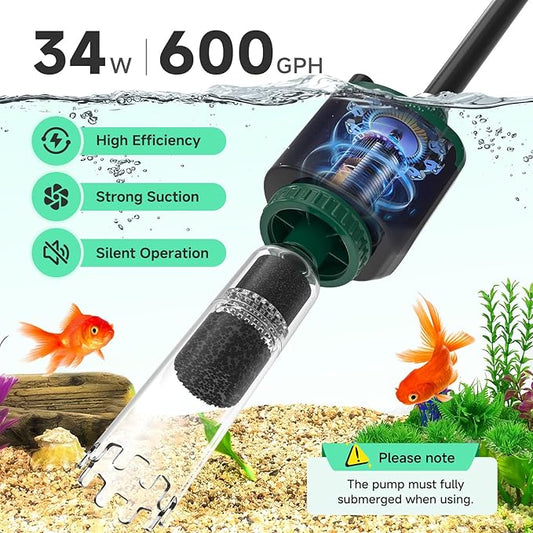 AQQA Fish Tank Cleaner, 34W 600GPH DC Gravel Vacuum for Aquarium, 6 in 1 Aquarium Vacuum Gravel Cleaner Adjustable Water Flow Cleaning Tools for Change Water Wash Sand Water Filter Water Circulation AQQA