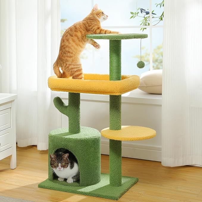 Made4Pets Cat Tree, 36.5 Inches Cat Tower for Indoor Cats, Multi-Level Cactus Cat Tree with Scratching Posts, Private Cat Condo, Plush Perch for Small Cat Kittens - PAWPICO