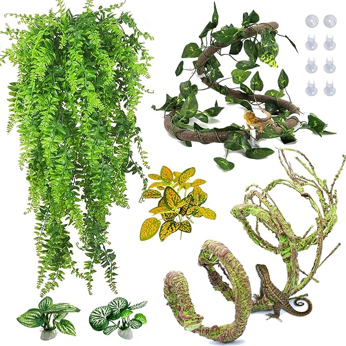 PINVNBY 7 PCS Reptile Plants Vine, Terrarium Hanging Flexible Climbing Artificial Leaves Reptile Hide, Bearded Dragon Tank Accessories, Terrarium Decor for Leopard Gecko Lizard Snake Geckos Chameleon PINVNBY