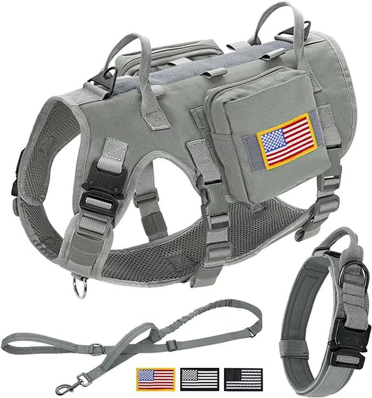 Forestpaw Tactical Dog Harness for Large Dogs,Tactical Dog Collar with Bungee Leash Set,No Pull Military Dog Harness for Dog Walking Training,Adjustable for Medium Large Dogs,Gray M Forestpaw