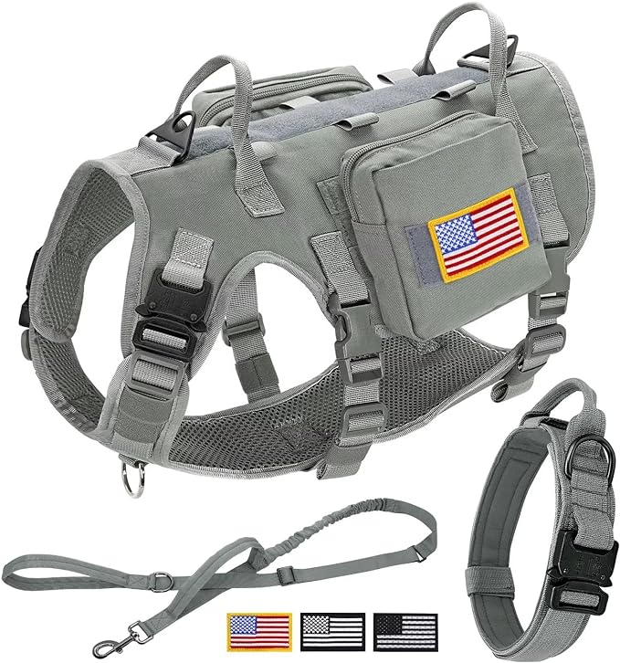 Forestpaw Tactical Dog Harness for Large Dogs,Tactical Dog Collar with Bungee Leash Set,No Pull Military Dog Harness for Dog Walking Training,Adjustable for Medium Large Dogs,Gray L Forestpaw