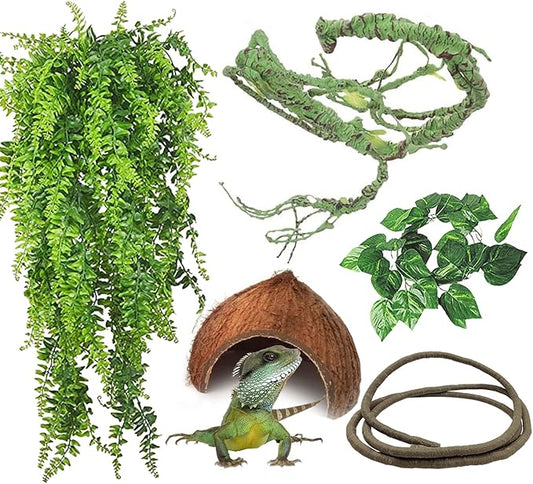 Tfwadmx Crested Gecko Tank Accessories 5Pcs Reptile Vines Plants Flexible Jungle Climbing Vine Gecko Coconut Coco Shell Hut Terrarium Plastic Plant Habitat Decor for Snake,Lizard,Hermit Crab Tfwadmx
