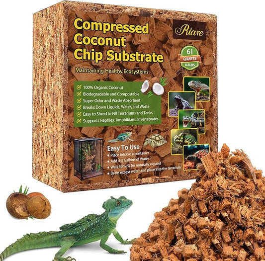 Riare 8.8LB Coconut Chip Substrate for Reptiles, 60 Quart Coconut Fiber Substrate Coco Chips Substrate Coconut Husk Bedding for Snakes, Tortoises, Ball Python, Bearded Dragon, Geckos, Lizards, Frogs Riare