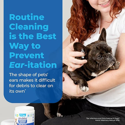 VETNIQUE Oticbliss Advanced Cleaning Ear Wipes for Dogs & Cats for Odor Control, Dirt and Wax Removal with Soothing Aloe Vera, Drying Agent and Vitamin E, Clear the Ear 100ct Wipes VetniqueLabs